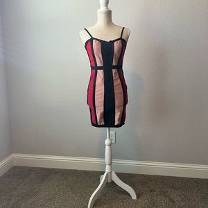 Pink, red, and black About Us bandage dress size small